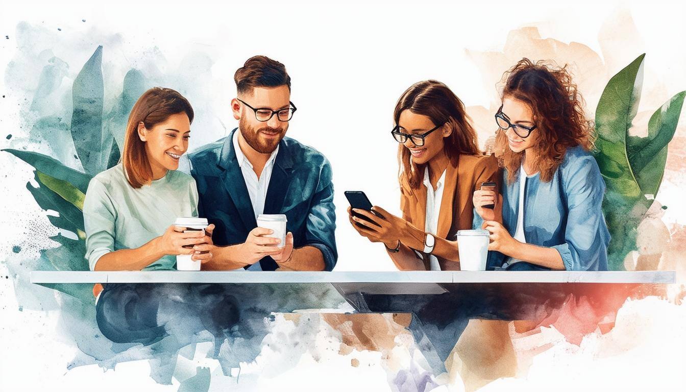 coworkers drinking coffee and watching videos on their phones-1