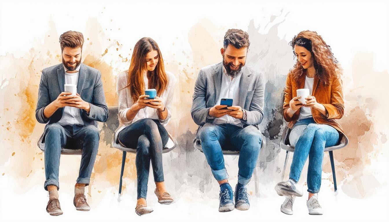 coworkers drinking coffee and watching videos on their phones